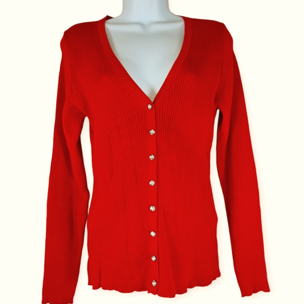 Boston Proper red cable knit jewel button cardigan sweater Womens Large